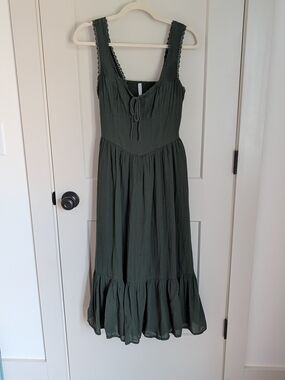 American Eagle Outfitters Olive Green Smocked Maxi Dress with Lace Straps